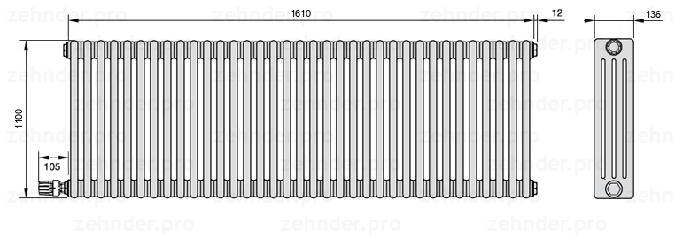 Схема (чертеж) Радиатор Zehnder Charleston 4110/35 №V003 Белый глянцевый RAL 9016
